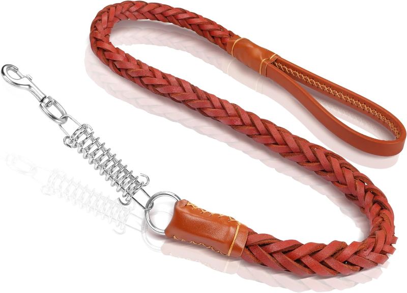 Photo 1 of YAODHAOD Leather Dog Leash 4FT, Durable Leather Braided Dog Training Leash,Heavy Duty Dog Leash with Shock Absorbing Spring for Large, Medium and Small Dogs Strong Rope Leash (Reddish Brown)
