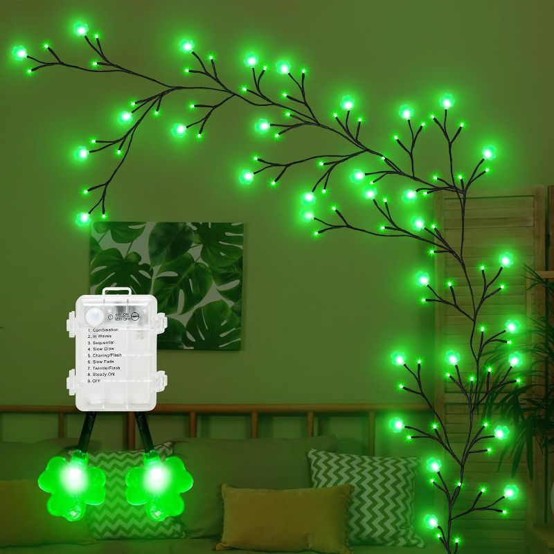 Photo 1 of 4 Pcs 36.7 Ft St Patricks Day Decor Vine Lights, 288 LED 8 Modes and Timer Willow Vine Twig Lights Clover Green Lights String Waterproof Battery Operated for Decoration Indoor Outdoor Home
