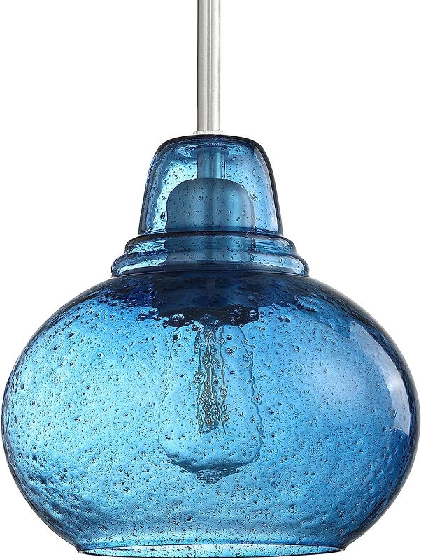 Photo 1 of 1 Light Hanging Indoor Kitchen Island Pendant Lights 7.7" Hand Blown Black Seeded Ancient Blue Glass Ceiling Light Fixtures Brushed Nickel Finish Modern Farmhouse Dinning Over Sink
