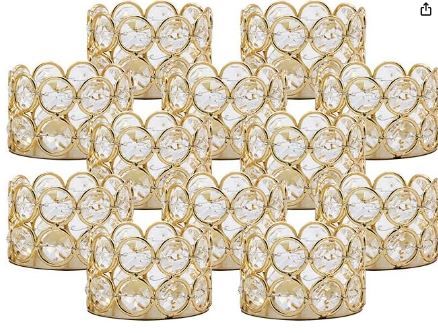 Photo 1 of  Pack of 12 Gold Crystal Tea Light Candle Holders for Wedding Home Table Centerpiece Decoration, Gifts Boxed (Candle Excluded)