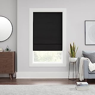 Photo 1 of ECLIPSE Kylie Total Privacy Blackout Cordless Lined Window Roman Shade for Living Room, 31 in x 64 in, Black Black 31 in x 64 in
