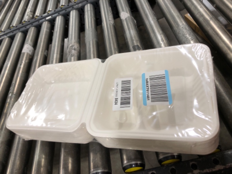 Photo 1 of 100% Home Compostable 50 Pack Disposable Clamshell Take Out Food Containers, 8X8'' 3-Compartment to go Containers, Heavy-Duty to go Boxes, Eco-Friendly Biodegradable, Made of Sugarcane Fibers 8X8'' 3-Compartment 50 Pack (White)