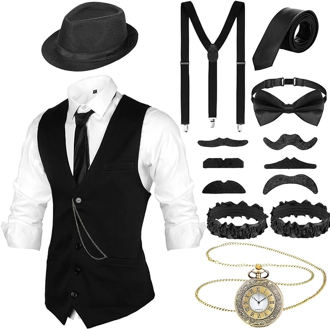 Photo 1 of 1920s Mens Costume Roaring Costumes Outfit with 20s Gangster Vest Hat Pocket Watch Suspenders
