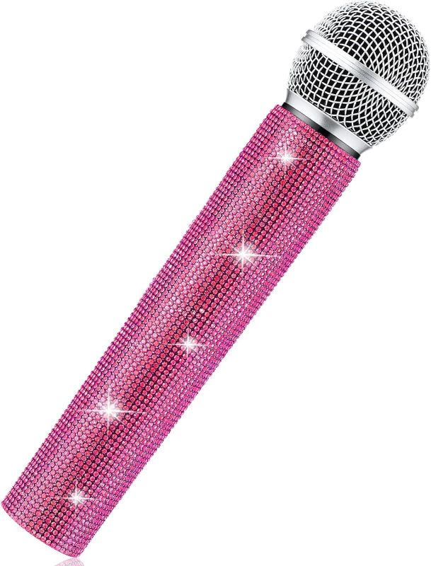 Photo 1 of Sanwuta Fake Microphone Prop Sparkly Bling Rhinestones Microphone Prop Plastic Play Microphone Pretend Glitter Bedazzled Microphones for Disco Stage Living Broadcast Live Streaming Party(Pink)
