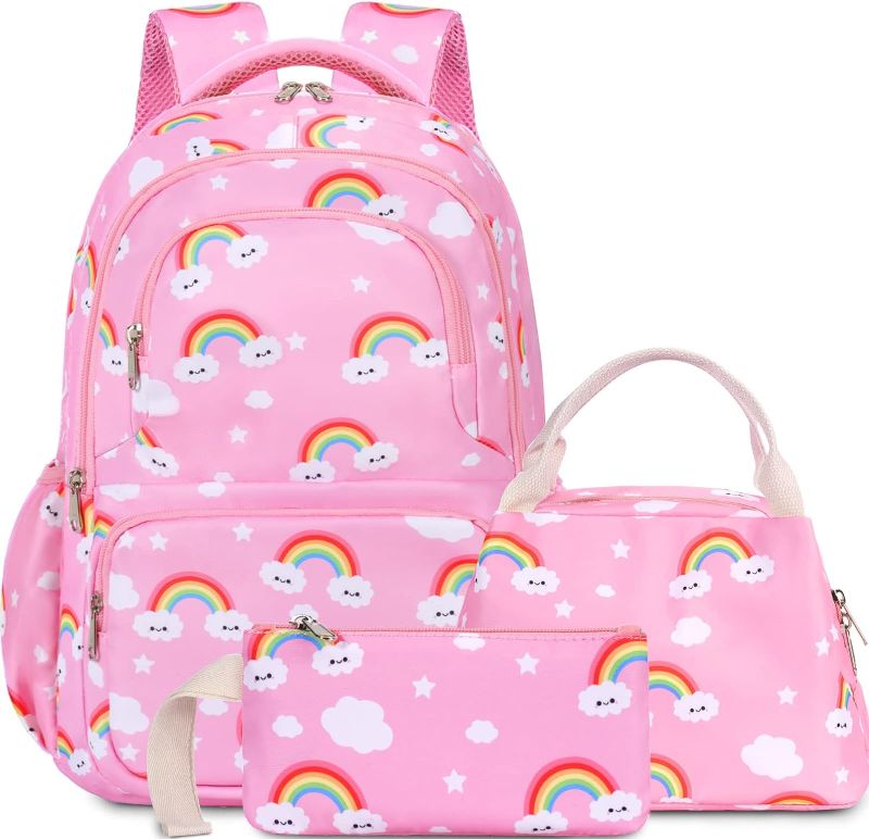 Photo 1 of Backpack for Girls, Girls Rainbow Clouds Backpack, Rainbow Schoolbag for Girls,Girls Lightweight School Bookbag with Lunch Box Pencil Case,Nylon Shoulder School Bag 3 Pcs Set
