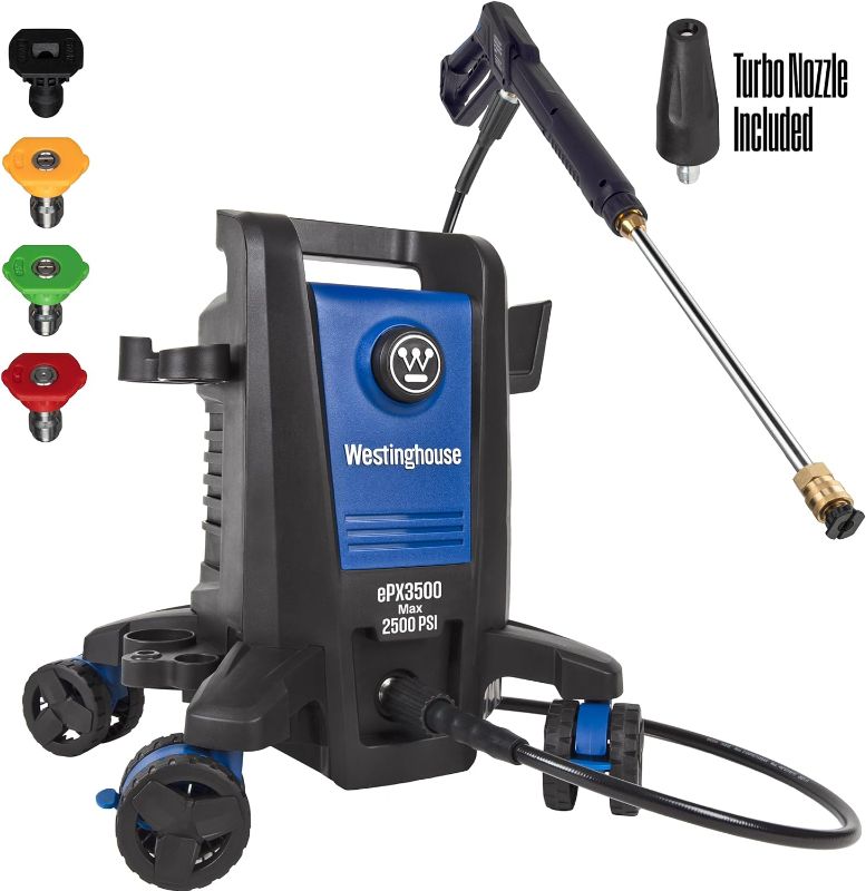 Photo 1 of Westinghouse ePX3500 Electric Pressure Washer, 2500 Max PSI 1.76 Max GPM with Anti-Tipping Technology, Onboard Soap Tank, Pro-Style Steel Wand, 5-Nozzle Set, for Cars/Fences/Driveways/Home/Patios
