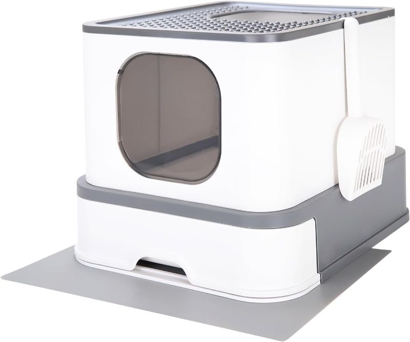 Photo 1 of RIZZARI Foldable Cat Litter Box,Large Top Entry Anti-Splashing Litter Box with Lid,Enclosed Plastic Cat Litter Box with Handy Litter Scoop,Drawer Type Cat Toilet Easy Cleaning 