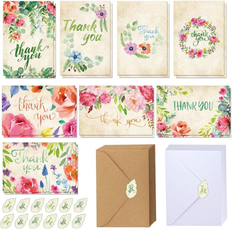 Photo 1 of 120 Sets Bulk Thank You Cards with Envelopes Stickers Assortment Blank Thank You Note Cards 8 Designs Watercolor Floral Calligraphy Thank You for Wedding Baby Shower Birthday Party Greeting Stationery
