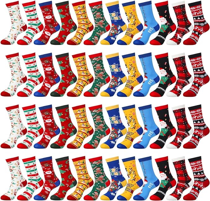 Photo 1 of 60 Pairs Christmas Socks in Bulk for Women Men, Cotton Colorful Christmas Crew Socks Novelty Funny Fancy Xmas Socks Pack
