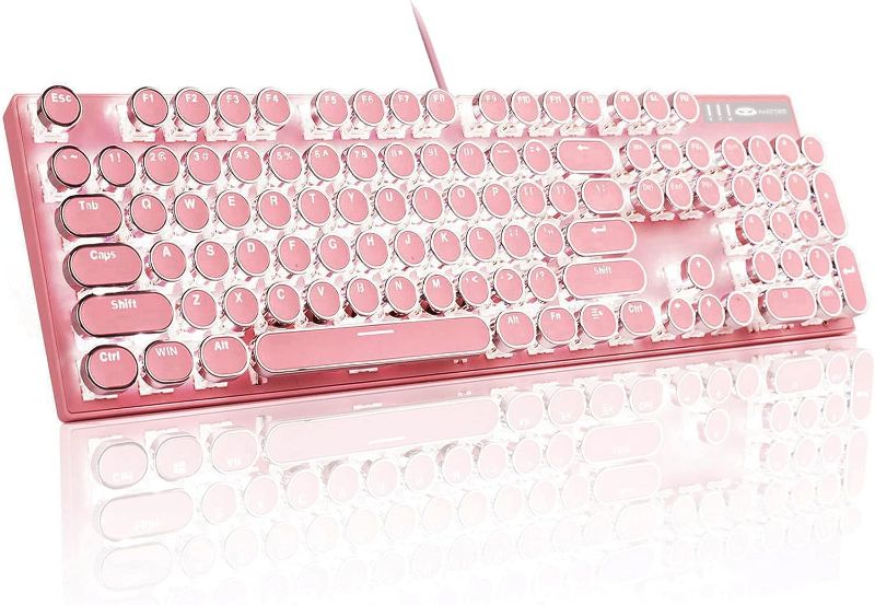 Photo 1 of MageGee Typewriter Mechanical Gaming Keyboard, Retro Punk Round Keycap LED White Backlit USB Wired Keyboards for Game and Office, for Windows Laptop PC Mac - Blue Switches/Pink
