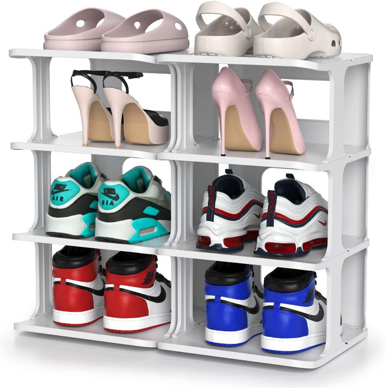 Photo 1 of ZOINLIY Shoe Rack for Bedroom, Plastic Shoe Rack Organizer for Closet, 4 Tiers 2 Columns Shoe Cubby, Free Standing Vertical Shoe Tower for Entryway
