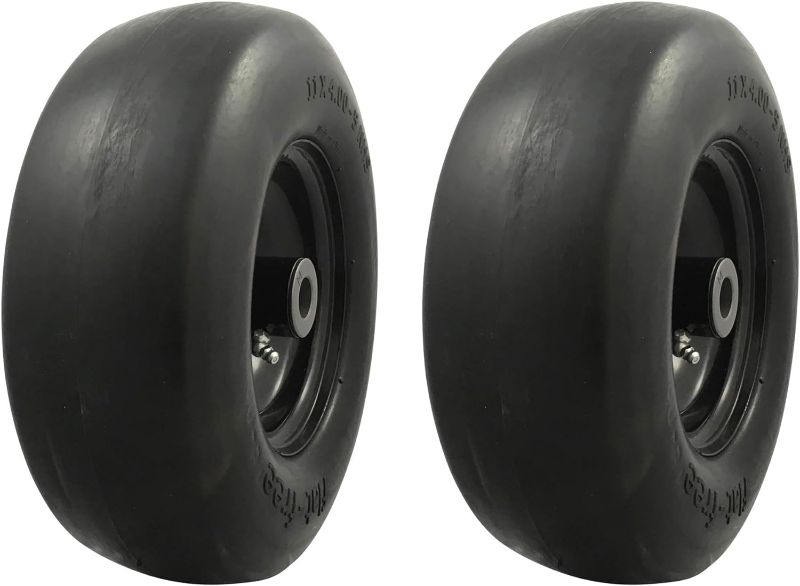 Photo 1 of 00232-2pk Universal Fit Flat Free 11x4.00-5 Lawnmower Tire Assembly, Black
