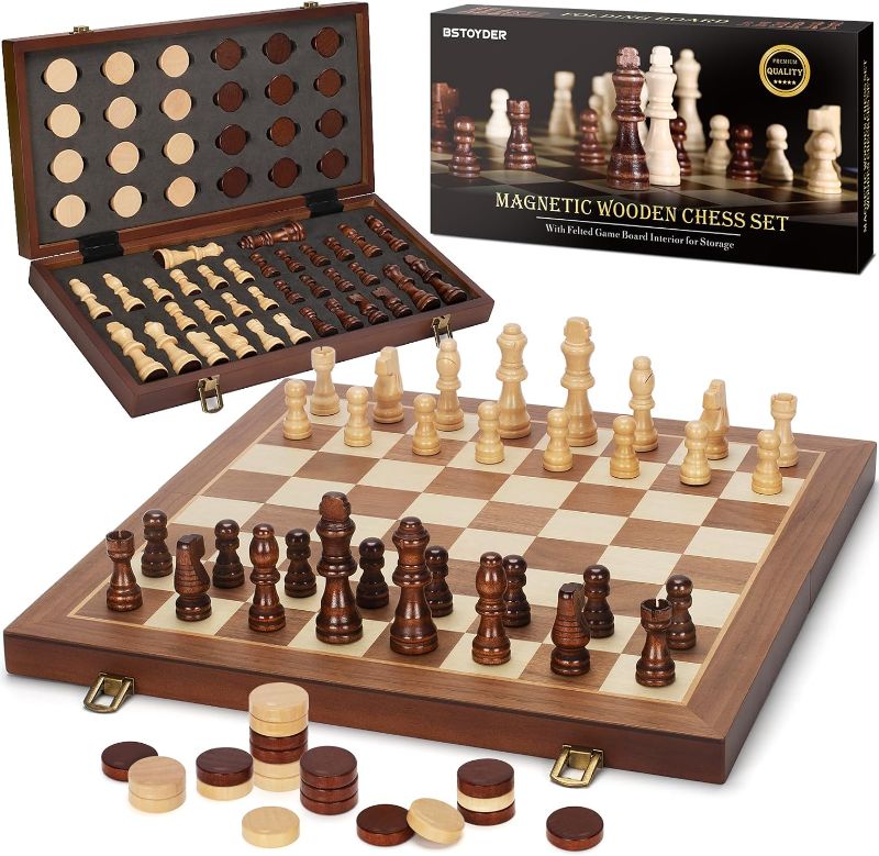 Photo 1 of 2 in 1 Magnetic Wooden Chess and Checkers Board Game Set, 15" Folding Chess Boards with 2 Extra Queens, Portable Travel Chess Sets with Pieces Storage Slots, Beginner Chess Game Set for Kids, Adults
