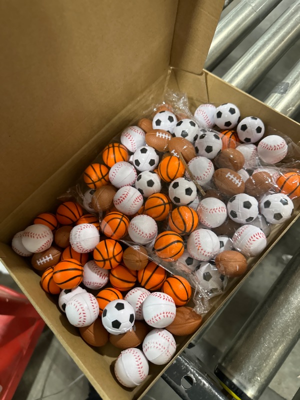 Photo 2 of 100 Pieces Mini Stress Balls Sports Foam Balls Bouncy Foam Balls Including Basketball, Soccer Ball, Baseball, Football for Sports Party Favors Mini Footballs Party Favors
