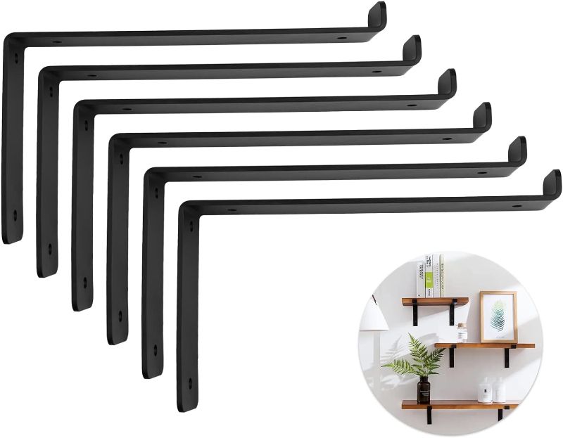 Photo 1 of 10 Inch Black Shelf Bracket,Potaosey 6PC Heavy Duty Metal Shelf Bracket for Bench Table,1/5 inch Thick Brackets for Shelves, Max Load 220 Lbs Z Brackets
