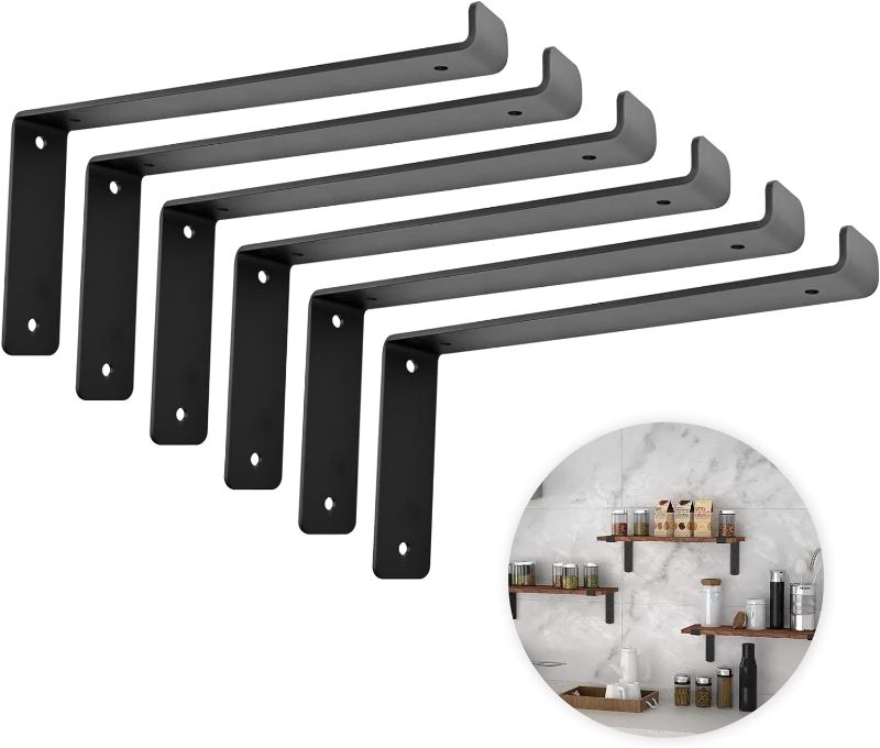 Photo 1 of 12 Inch Black Shelf Bracket,Potaosey 6PC Heavy Duty Metal Shelf Bracket for Bench Table,1/5 inch Thick Brackets for Shelves, Max Load 200 Lbs Z Brackets
