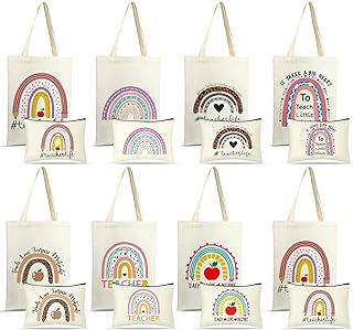 Photo 1 of 16 Pcs Christmas Teacher Appreciation Gifts Bag Set 8 Teacher Rainbow Canvas Tote Bag 8 Makeup Pouch Cosmetic Bag Gift