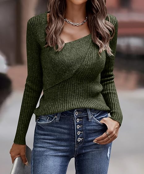 Photo 1 of [Size S] BTFBM Women Casual Long Sleeve Sweaters Slim Fit Comfy Solid Color Winter Fall Ribbed Knit Pullover Sweater Jumper Tops Small Solid Army Green