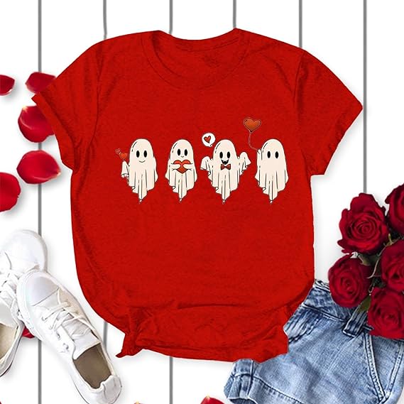Photo 1 of [Size L] Valentine's Day T Shirts for Women Heart Print Casual Short Sleeve Crew Neck Shirts Loose T Shirts Blouses
