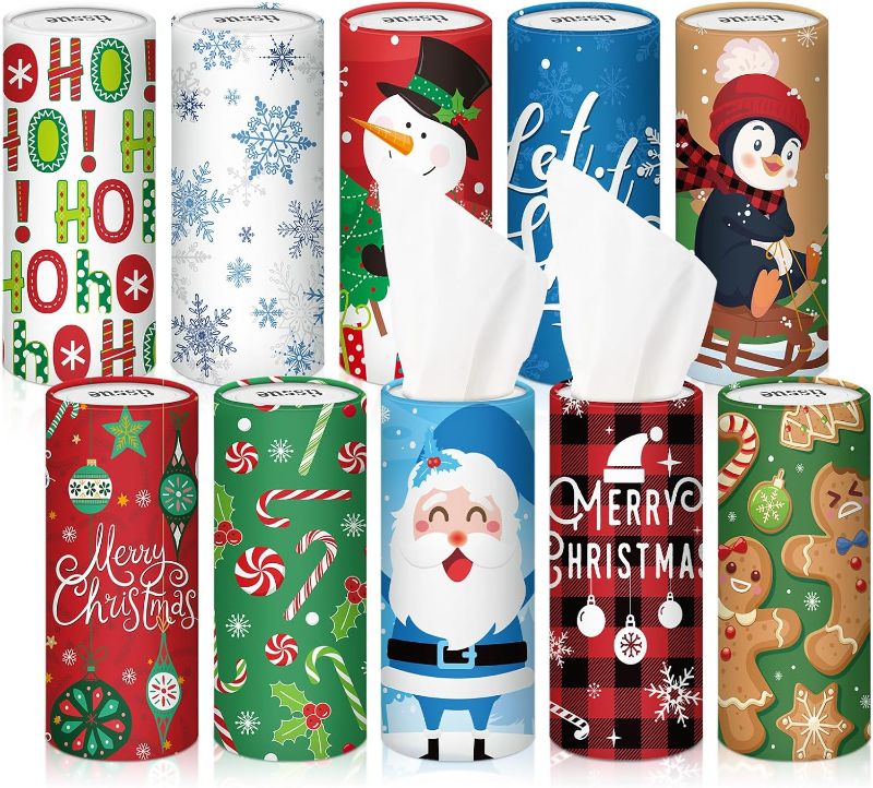 Photo 1 of 10 Pcs Christmas Car Tissues Cylinder Tissues Holder Boxes with 500 Facial Tissues Santa Tissue Box for Car Round Tissue Tubes for Cupholder Home Office Travel, 10 Styles (Snowman)