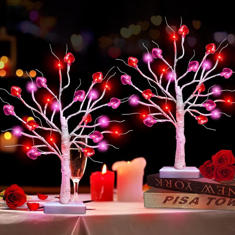 Photo 1 of [ 2 Pack & Timer ] Valentine's Day Tree Decorations Tabletop Lighted Birch Tree with Heart Lights 24 Red Pink LED Lights Battery Operated 18 Inch Valentines Decorations Home Indoor Party Wedding Decor Battery Powered