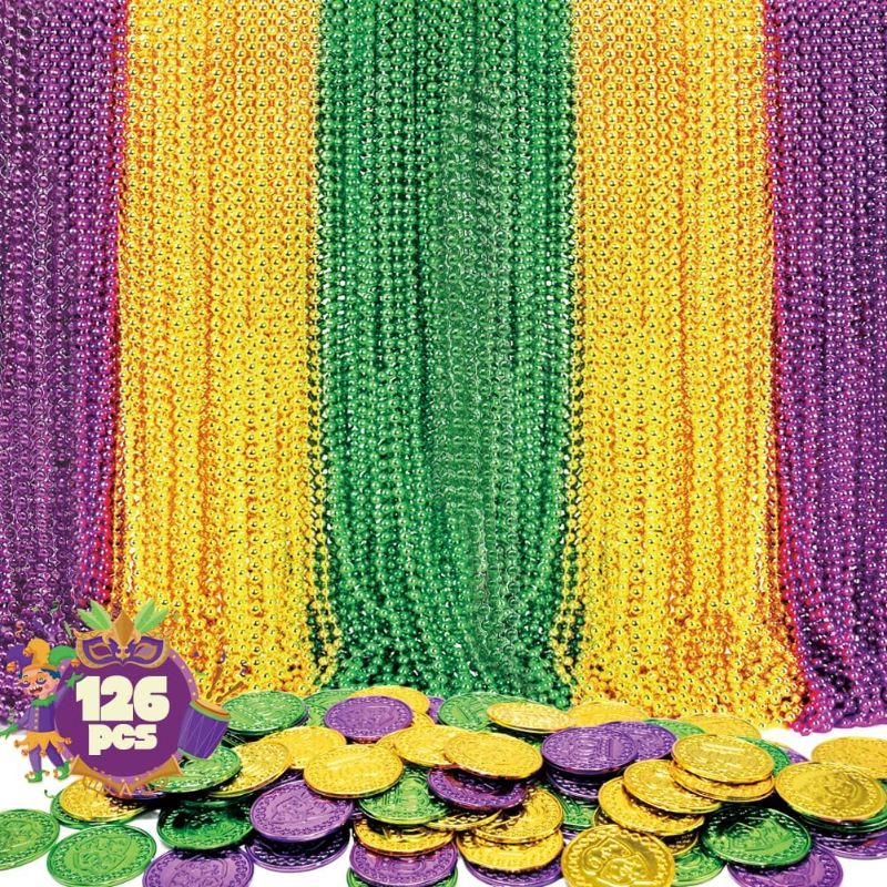 Photo 1 of 126PCS Mardi Gras Accessories Set, 36Pcs Mardi Gras Beads Necklace and 90Pcs Plastic Coins for Adults Kids Mardi Gras Party Favors Supplies, Parade