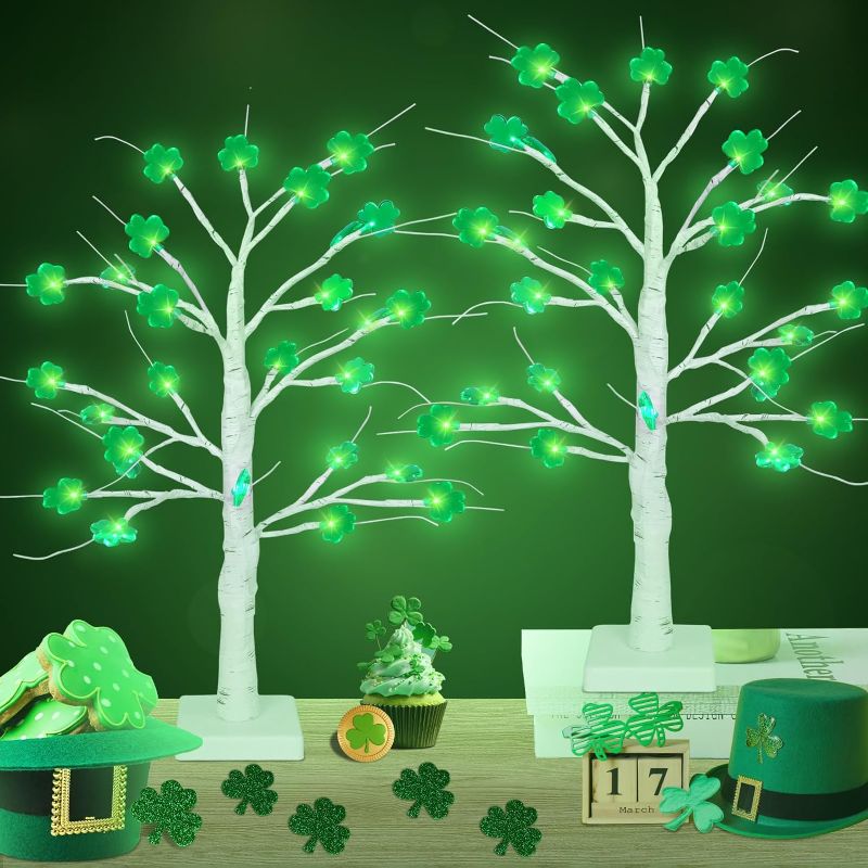 Photo 1 of 2 Pcs St. Patrick's Day Lighted Shamrock Tree, 8 Modes Birch Clover Tree Light USB/Battery Powered with Timer, 18'' Tabletop Tree St Patricks Decor for Home Party Decor(Dark and Light Green, 2 Pack)