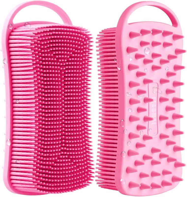 Photo 1 of 2 pack Dual-use Silicone Body Scrubber with Scalp Massage Shampoo Brush Exfoliating Bath Body Brush Gentle Silicone Shower Scrubber for Men/Women/Baby Skin Cleansing, (Pink)
