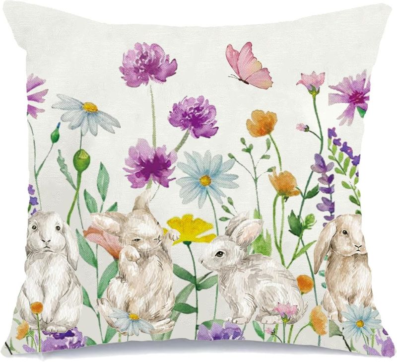 Photo 1 of 2 pack Easter Pillow Covers 18x18 Spring Bunny Floral Throw Accent Pillows Case Decorative Farmhouse Rustic Linen Throw Pillow Covers for Sofa Couch Home Holiday Decor Decoration
