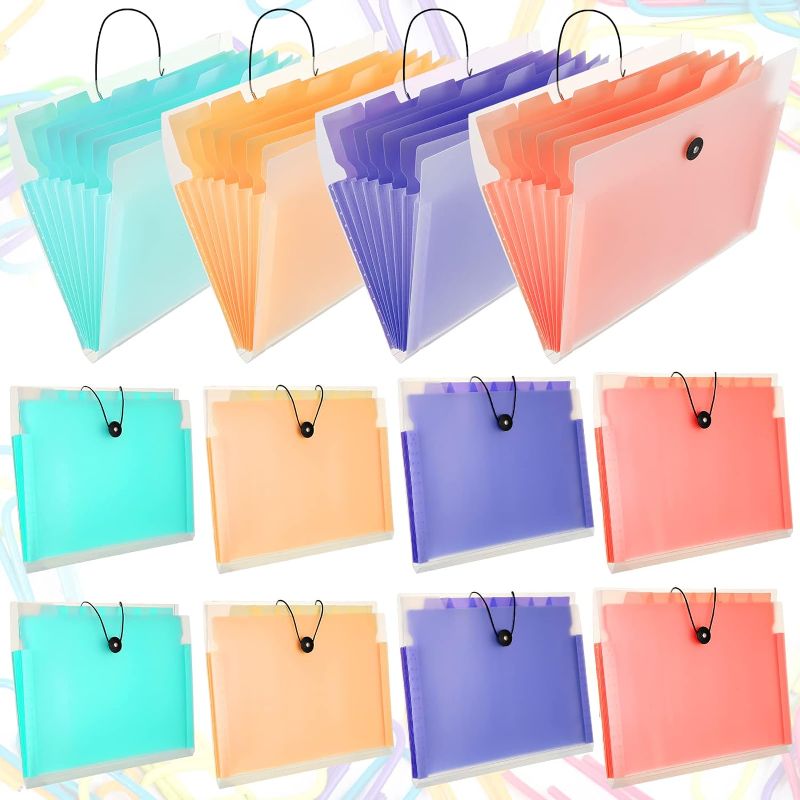 Photo 1 of Teling 12 Pack 7 Pocket Expanding File Folder Bulk Colored Expandable File Folder with Tabs Pockets A4 Letter Size Plastic Folders for Documents Organizer School Office Bill Paper Receipt Supplies