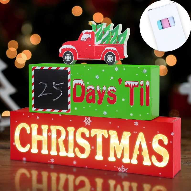 Photo 1 of Christmas Decorations Wooden Sign with LED Lights, Handwritten Christmas Countdown Calendar Block with 3-color Chalks - Wipeable Blackboard - Lighted Christmas Table Sign for Xmas Decorations Gift