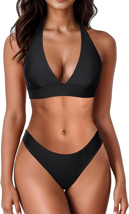 Photo 1 of [Size S] Holipick High Cut Bikini Sets for Women Two Piece Halter Cheeky Swimsuit V Neck Sexy Bathing Suits 