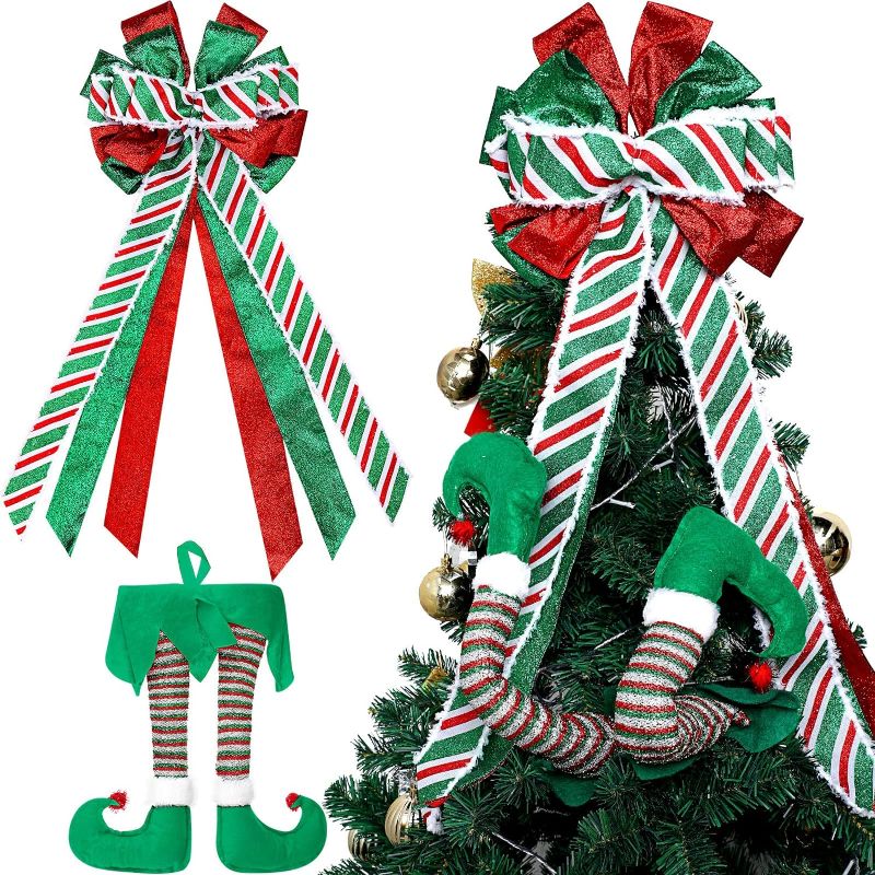 Photo 1 of 2 Pcs Christmas Tree Topper Christmas Elf Stuffed Legs Large Decorative Bow with Streamer Christmas Tree Legs Stuck Tree Topper Decorations Christmas Toppers Bow for Christmas Tree Decoration (Green)