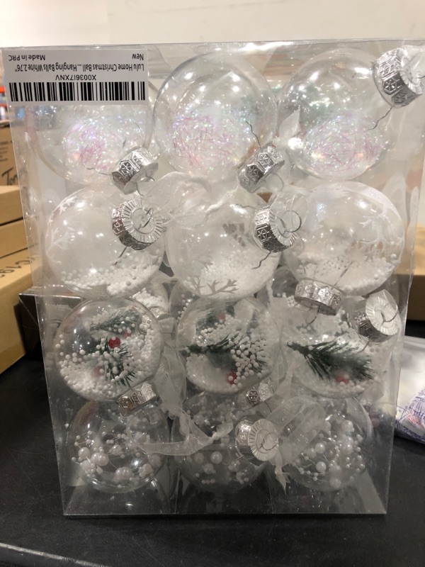 Photo 2 of Lulu Home 24ct 2.76" Clear Christmas Ball Ornaments, Pre-Strung Transparent Balls with Unique Decorations Inside, Shatterproof Plastic Balls for Xmas Party Wreath Garlands Trees, White Transparent-white 2.76"