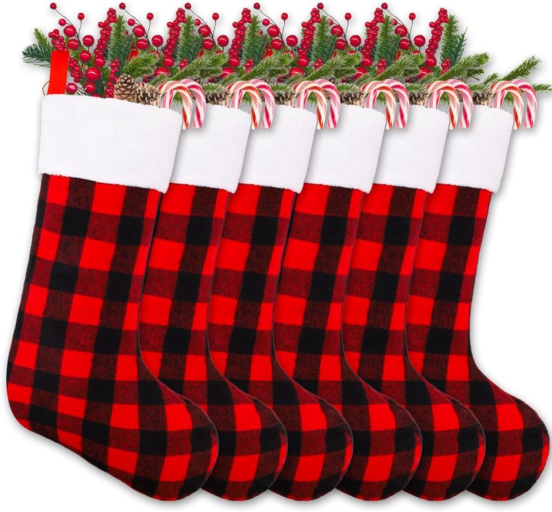 Photo 1 of 10 Pieces Christmas Stockings Fireplace Christmas Tree Hanging Stockings Decorative Red Black Buffalo Plaid Xmas Stockings for Xmas Party Family Gathering Decoration with 2 Sizes