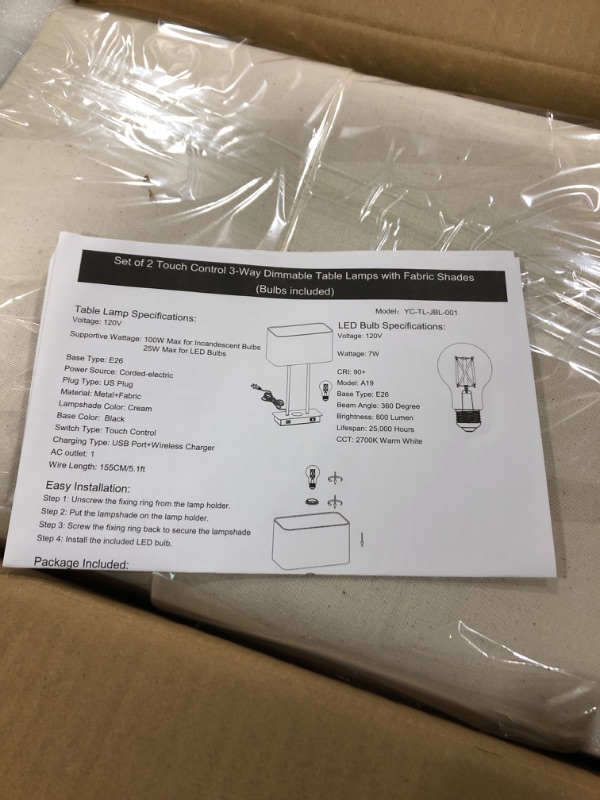 Photo 1 of Set of 2 Wireless Charging Touch Control 3-Way Dimmable Table Lamps, Beside Nightstand Lamps for Bedroom with USB Port & AC Outlet, Living Room Office End Table Modern Black Lamps, LED Bulbs Included
