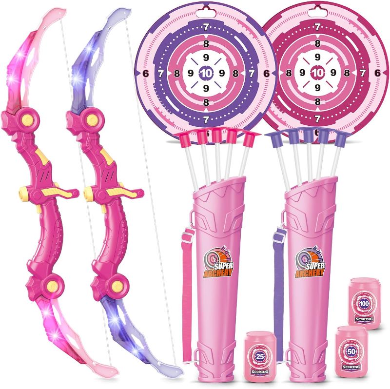 Photo 1 of Bow and Arrow Toys for Girls 5 6 7 8 Years Old, Archery Set Includes Super Bow with LED Lights, 10 Suction Cups Arrows,Archery Set with Standing Target and 3 Target Cans, for Girls
