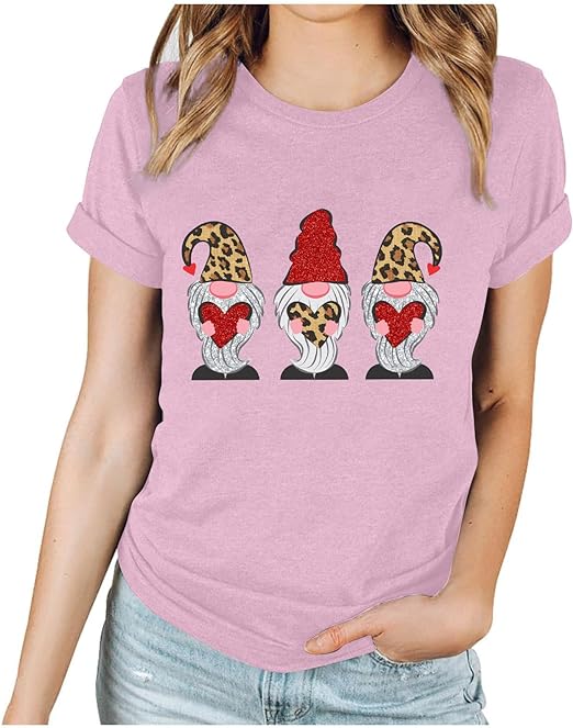 Photo 1 of [Size XL] Cat Valentines Day T Shirt Women Cute Cat Graphic Tees Happy Valentine Gift Casual Holiday Tops -Leop Grey-gnomes