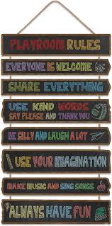 Photo 1 of LHIUEM Playroom Rules Have Fun Quote Wall Decor, (Set of 8,29.4X5.9CM) Educational Inspirational Everyone Is Welcome Here Wood Sign Art For Playroom Nursery Kid Room Classroom Decor(BLACK)