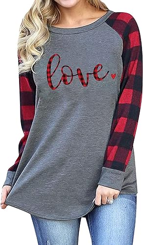 Photo 1 of [Size M] Valentine's Day Shirt for Womens Love Heart Print Graphic Tees Buffalo Plaid Long Sleeve Shirts Tops
