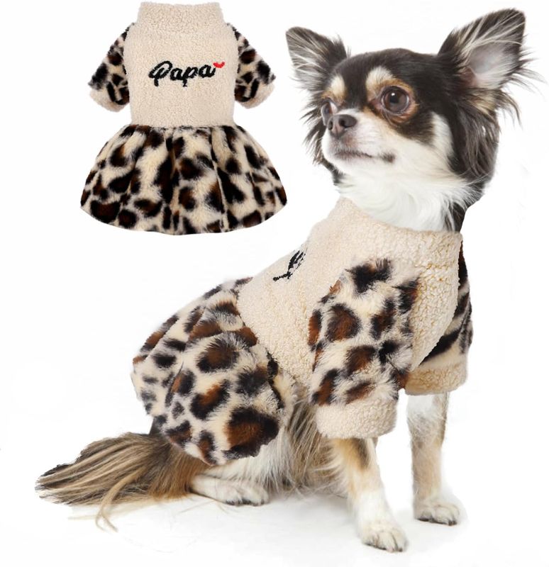 Photo 1 of [Size M] Leopard Dog Sweater Dress Winter Warm Dog Dresses for Small Dogs Soft Stretchy Fleece Pet Dog Sweater Clothes Puppy Clothing Cat Apparel (Beige, Medium)
