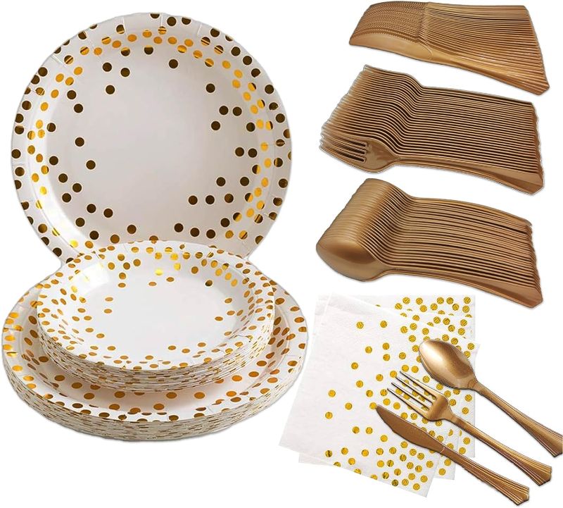 Photo 1 of 180 Pcs White and Gold Party Supplies Disposable Dinnerware Set Serve 30 Gold Polka Dots Paper Plates Napkins Plastic Forks Knives Spoons for Birthday Wedding Graduation Cocktail
