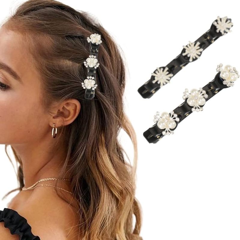 Photo 1 of Bartosi Sparkling Rhinestone Braided Hair Clips Satin Fabric Hair Bands Crystal Stone Hair Clip Duckbill Clip Hairpin Flower Braided Hair Pin for Women and Girls (Pack of 2)