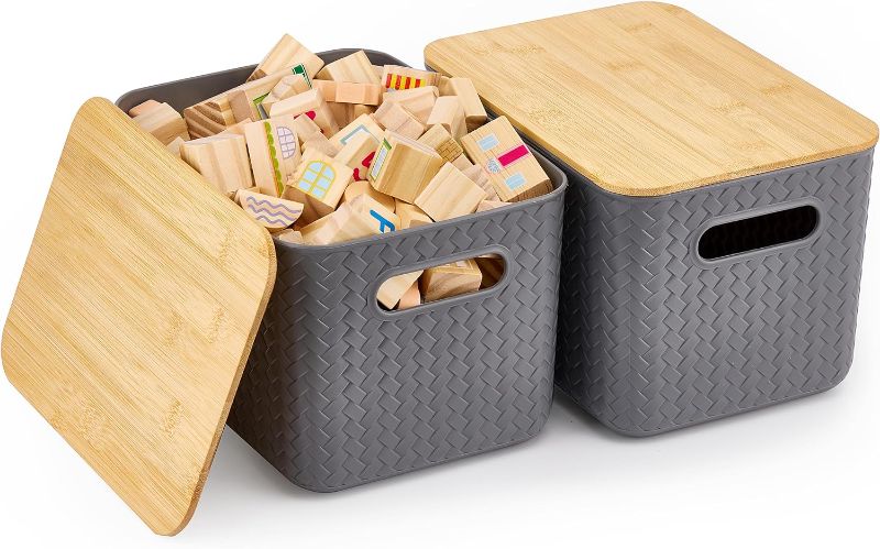 Photo 1 of 2 Packs Storage Bins with Bamboo Lids - Plastic Storage Containers with Lids Stackable Storage Box?Storage Baskets for Organizing Desktop Closet Playroom Classroom Office,10.2 x 7 x 6.5 inch,Gray
