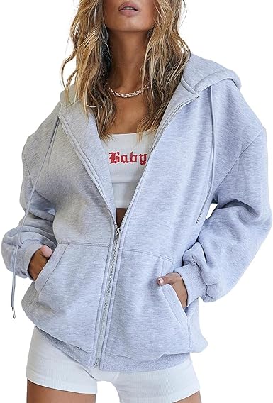 Photo 1 of ATHMILE Women's Cute Hoodies Teen Girl Fall Jacket Oversized Sweatshirts Casual Drawstring Zip Up Y2K Hoodie with Pocket- LARGE
