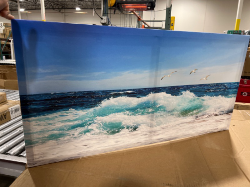 Photo 2 of Ocean Waves Canvas Wall Art for Living Room Wall Decor Summer Beach Canvas Pictures Blue Surfing Water Birds on Sea Canvas Prints Artwork Office Home Wall Decorations Framed Ready to Hang 20" x 40" 20.00" x 40.00" Blue Ocean and Seagualls