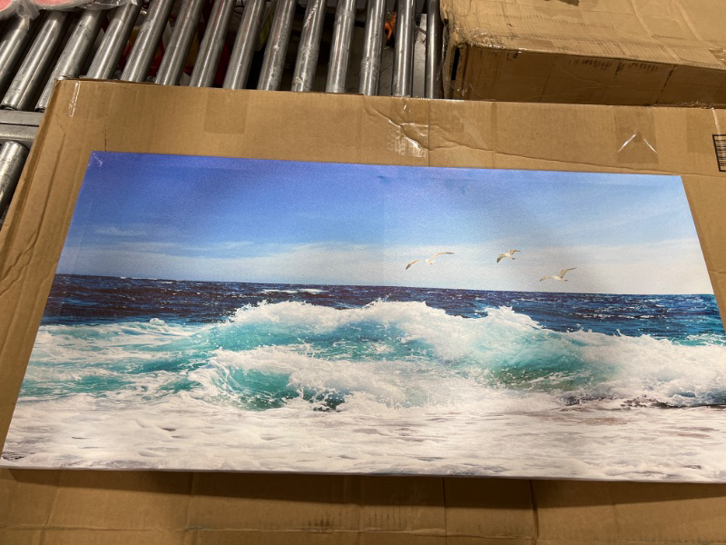 Photo 3 of Ocean Waves Canvas Wall Art for Living Room Wall Decor Summer Beach Canvas Pictures Blue Surfing Water Birds on Sea Canvas Prints Artwork Office Home Wall Decorations Framed Ready to Hang 20" x 40" 20.00" x 40.00" Blue Ocean and Seagualls