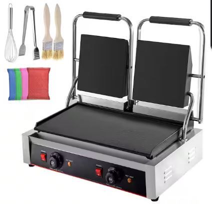 Photo 1 of Commercial Sandwich Panini Press 3600-Watt Non-Stick Electric Griddle with Double Flat Plates for Hamburgers, Silver
