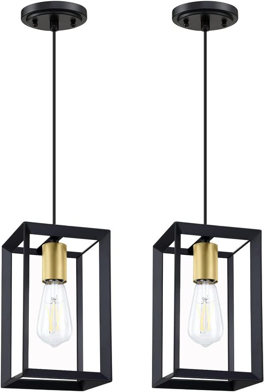 Photo 1 of 2 Pack 1 Light 5.7 Inch Hanging Gold Farmhouse Indoor Kitchen Island Black Lantern Cage Finish Pendant Light for Kitchen Island Over Sink Dining Room Adjustable Length UL Certification
