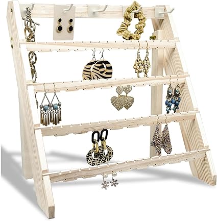 Photo 1 of 
Roll over image to zoom in
Wooden Jewelry Display Stand 5 tier with Removable 5 Hooks, Earring Cards necklace bracelet Keychain Showcase Cascading Merchandise Organizer For Selling For vendor events (White)